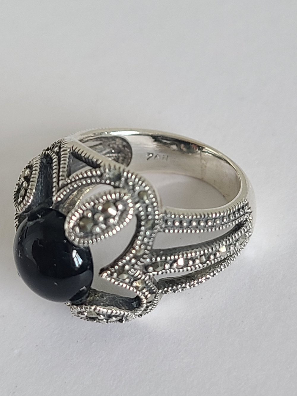 Vintage Boho Sterling Silver Black Onyx Floating Cabochon Marcasite Crystal Ring - Picture 9 of 14